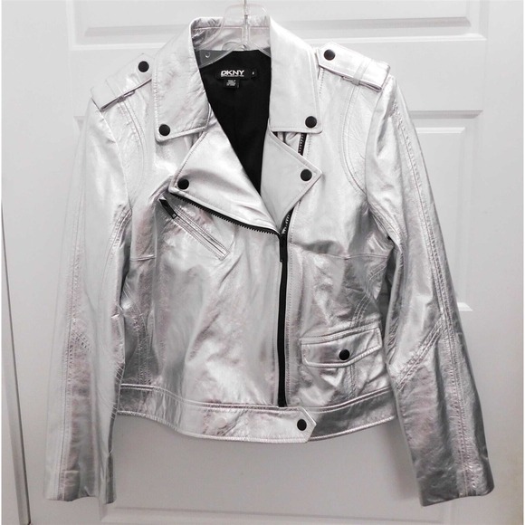 DKNY Silver‎ Lamb Leather Motorcycle Jacket Italy sz M - Picture 1 of 5